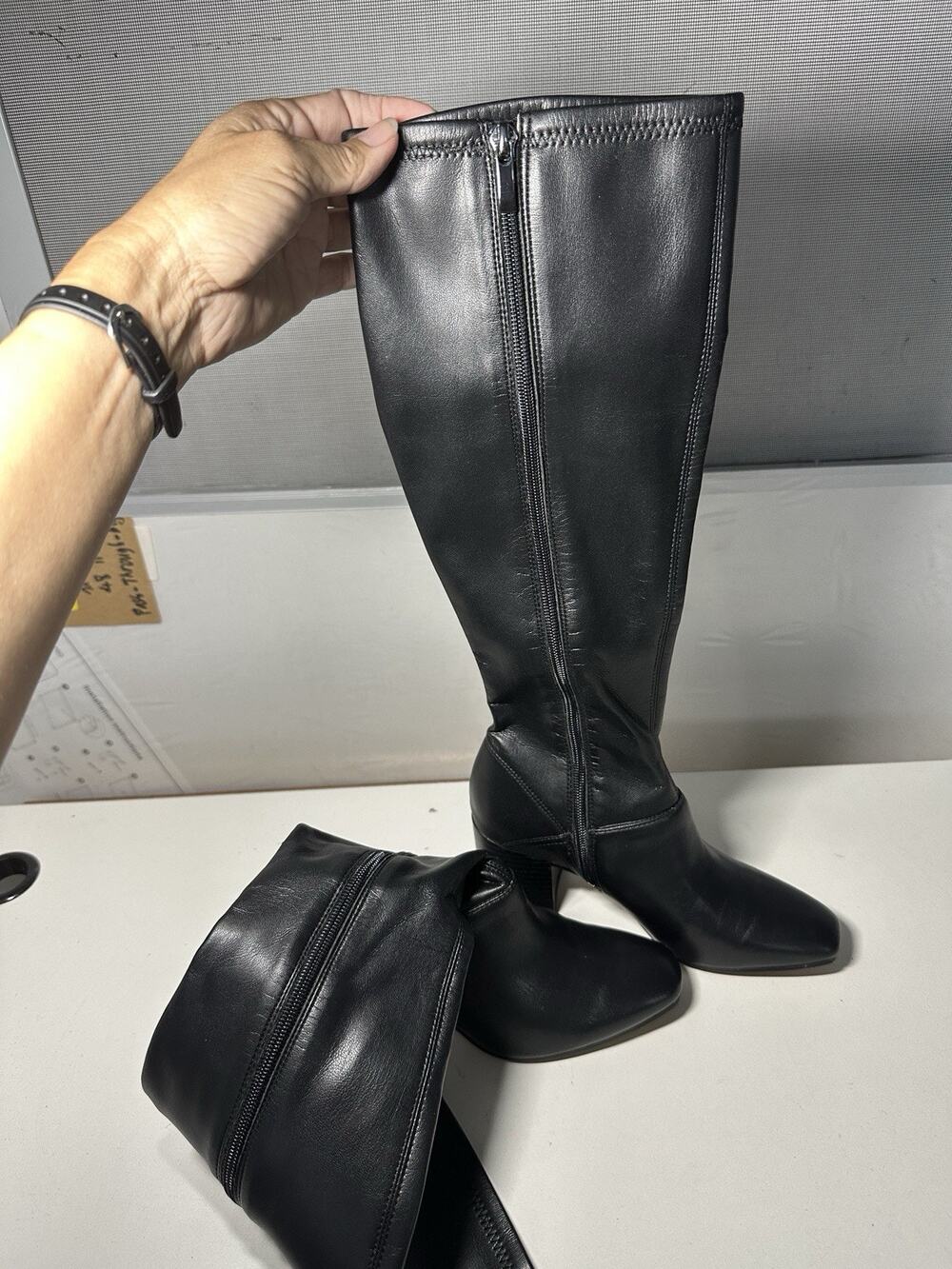 Franco Sarto Women's Tribute Knee High Heeled Boot Black Stretch Croco Sz 6.5 W